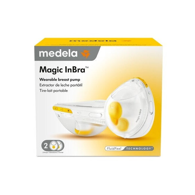 Medela Magic InBra Wearable Breast Pump-yellow/white box showing a hands-free, dual electric pump for portability.