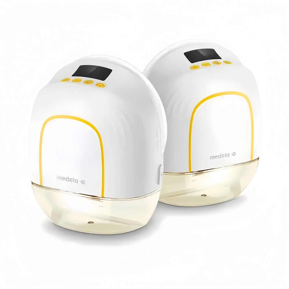Medela Melody InBra Double Electric Breast Pump in white with yellow trim; two units shown for hands-free pumping.