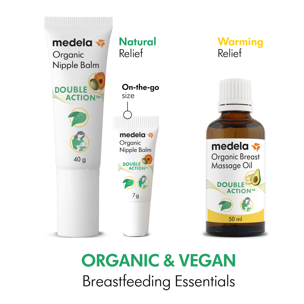 Medela organic nipple balm and breast massage oil on a white background