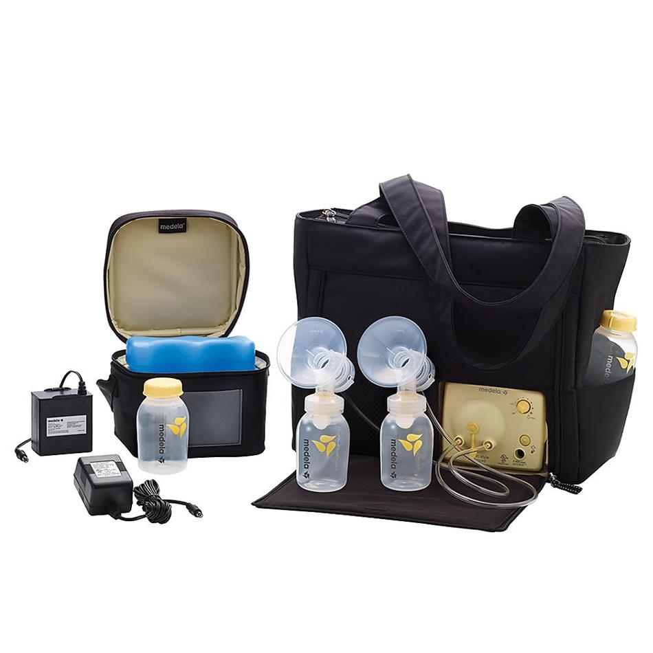Medela Pump In Style Slouch-Double electric breast pump kit in black, with attached tubes, shields, bottles, and cooler bag.