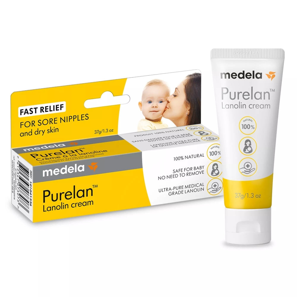 Medela Purelan Lanolin Cream 1.3 oz tube with yellow and white packaging beside its box