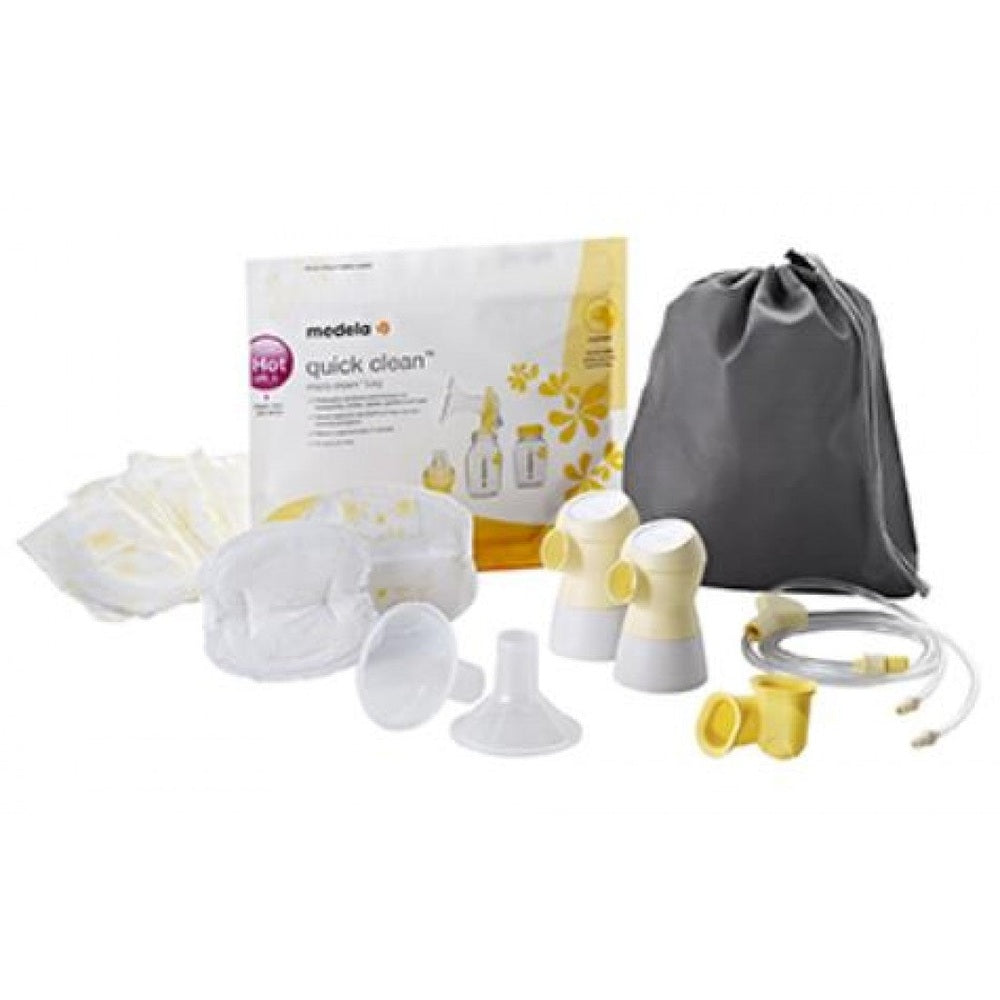 Medela Sonata Double Pumping Kit with twin breast shields, tubing, bottles, and gray carry bag