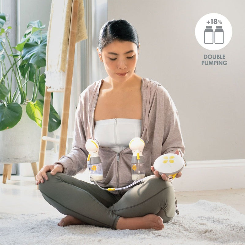 Medela Swing Maxi double electric breast pump with dual bottles and white-yellow accents