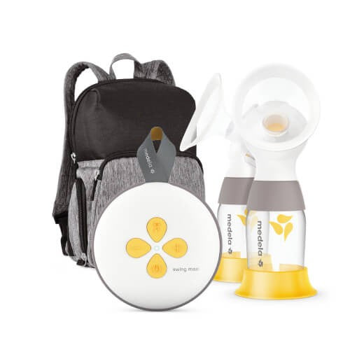 Medela Swing Maxi double electric breast pump kit with gray backpack and accessories