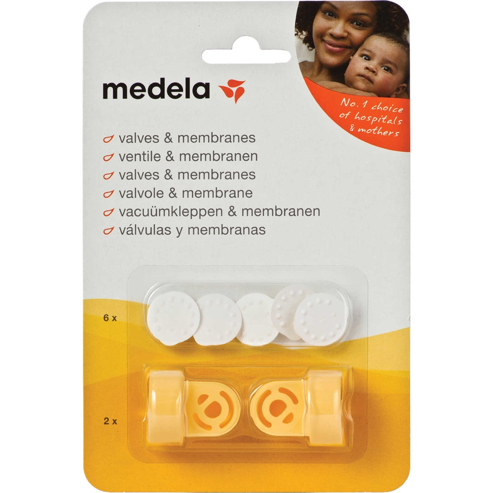 Medela valves and membranes set for Harmony/Swing/Pump In Style/Symph, includes 6 white discs and 2 orange valve pieces