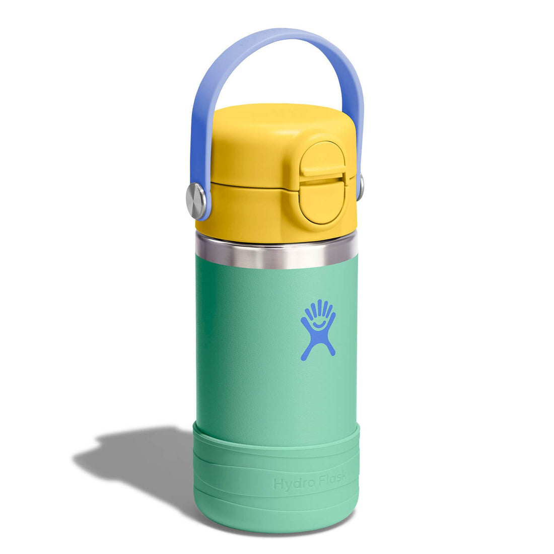 Hydro Flask Kids 12 oz Wide Mouth Bottle With Covered Straw Cap And Boot – Mermaid Green angled view