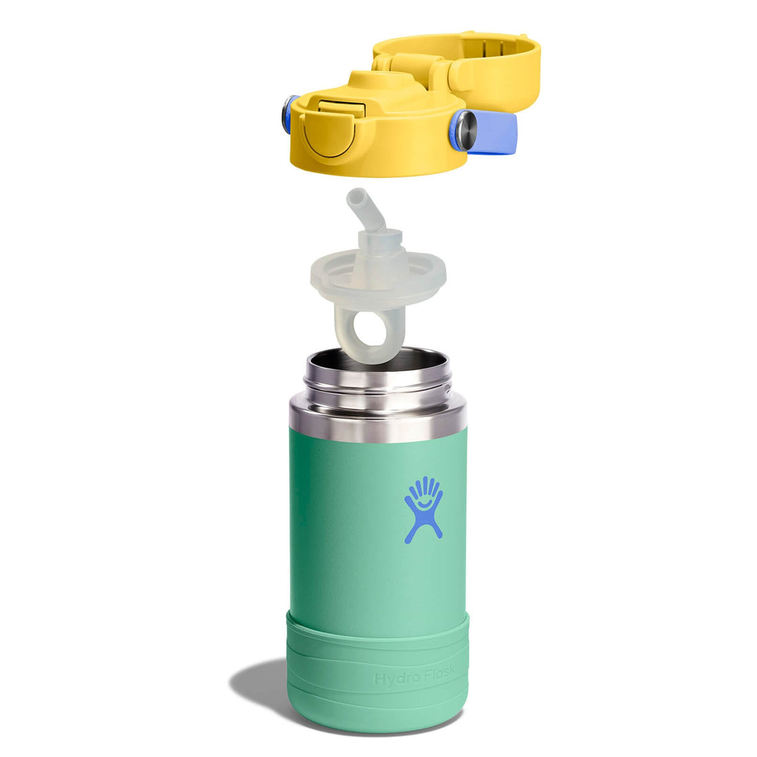 Hydro Flask Kids 12 oz Wide Mouth Bottle With Covered Straw Cap And Boot – Mermaid Green removable cap and straw components