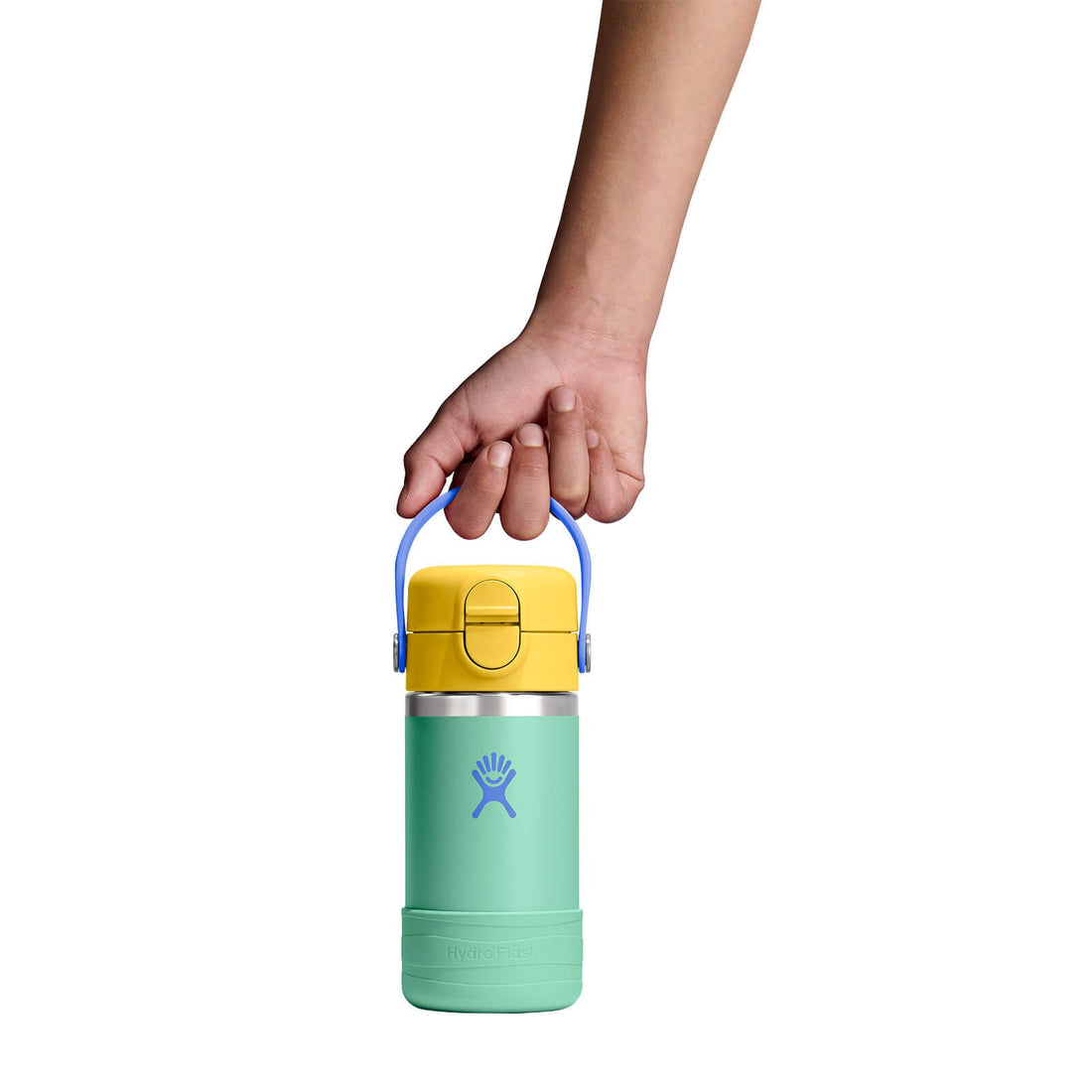 Hydro Flask Kids 12 oz Wide Mouth Bottle With Covered Straw Cap And Boot – Mermaid Green handle detail