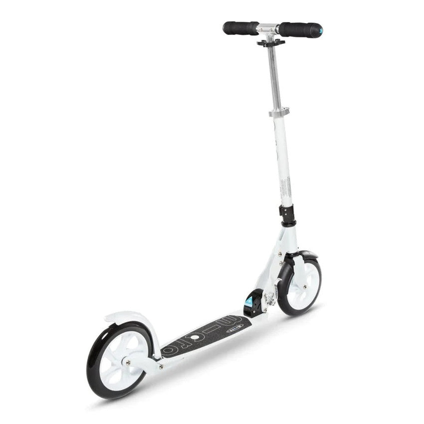 Micro Classic White scooter with aluminum stem, white deck, and black grip handlebars