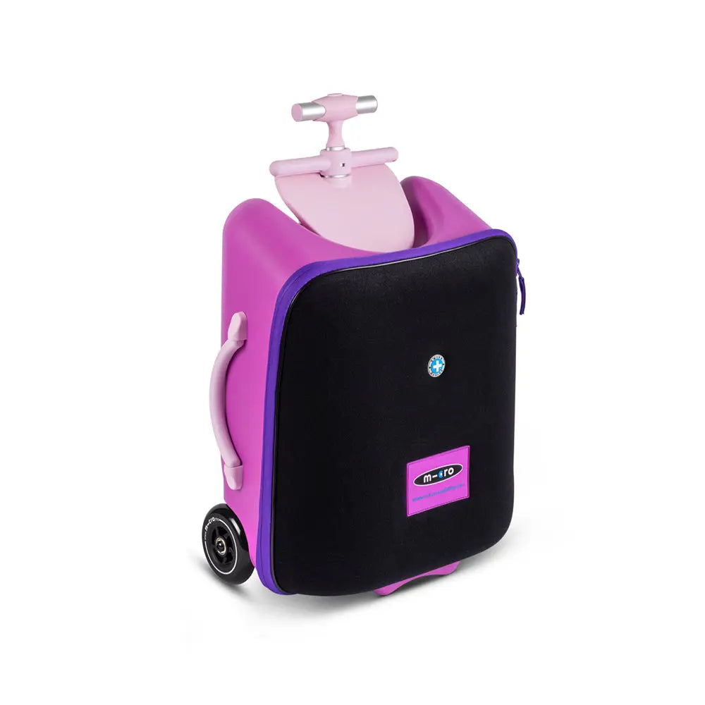 Micro Eazy Luggage kid's suitcase in pink/purple rolled on wheels with pull handle for easy travel.