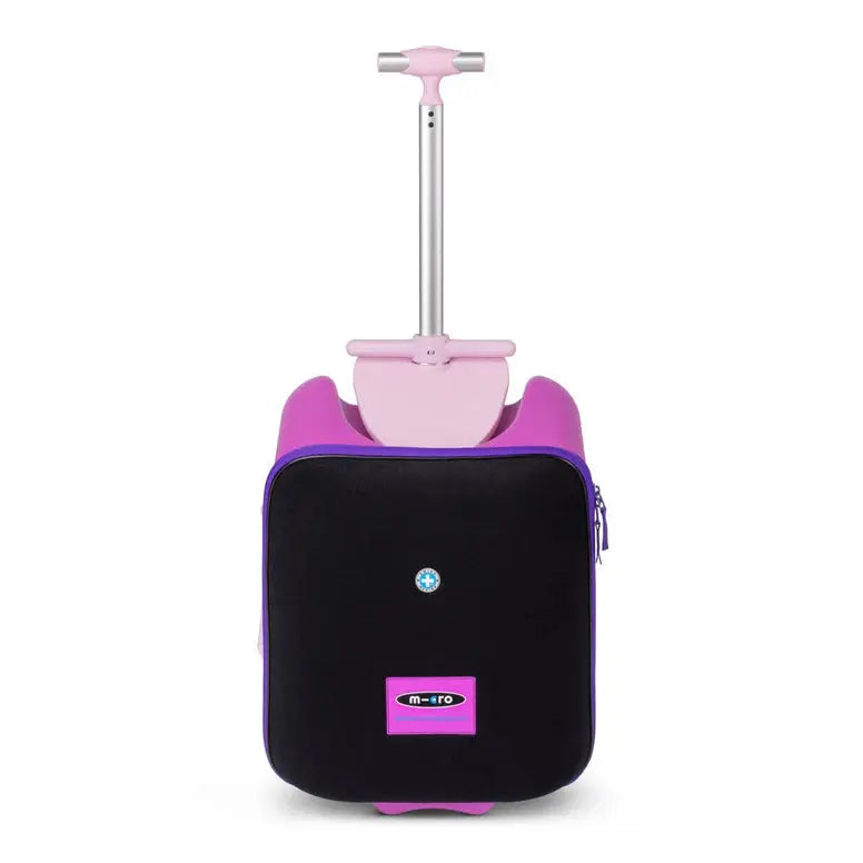 Micro Eazy Luggage kid's suitcase in pink and purple with an extended silver telescoping handle for easy pulling.