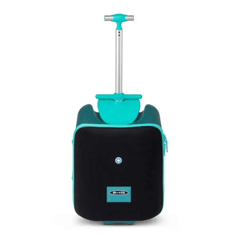 Micro Eazy Luggage carry-on suitcase in teal and black with deployed extendable silver handle.