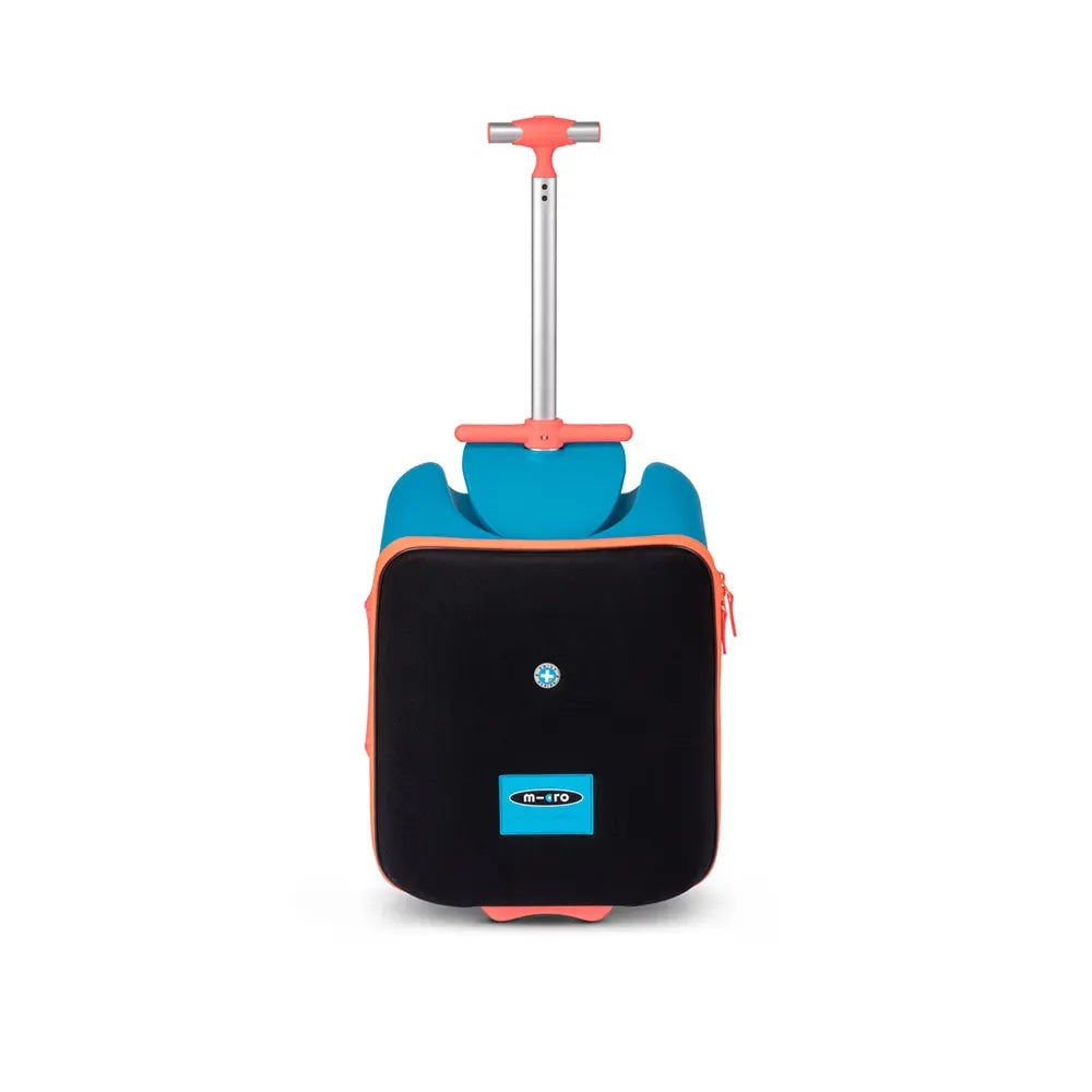 Micro Eazy Luggage kid's suitcase in blue and orange with extended retractable handle for easy pulling.