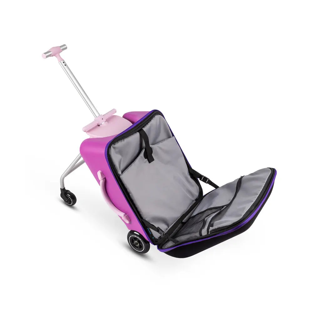 Micro Eazy Luggage kid's pink suitcase with purple trim, extendable silver handle, and gray interior lining.
