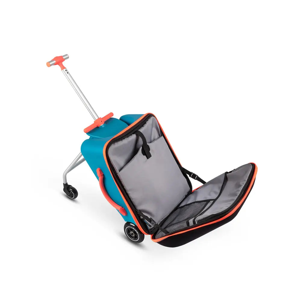 Micro Eazy Luggage carry-on trolley in blue with orange trim, open interior ready for kid-friendly travel.