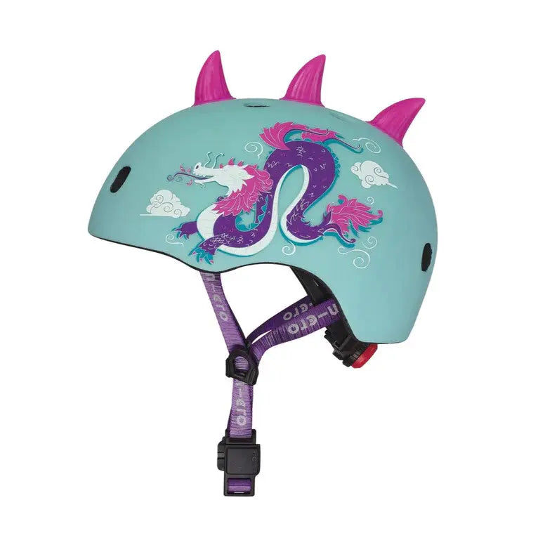 Micro Helmet V2 Dragon turquoise kids helmet with pink horns and purple dragon design, adjustable purple chin strap.