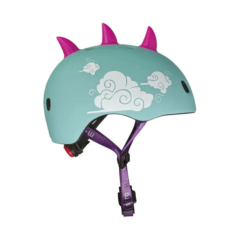 Micro Helmet V2 Dragon teal kids helmet with pink horns, white cloud decals, purple chinstrap