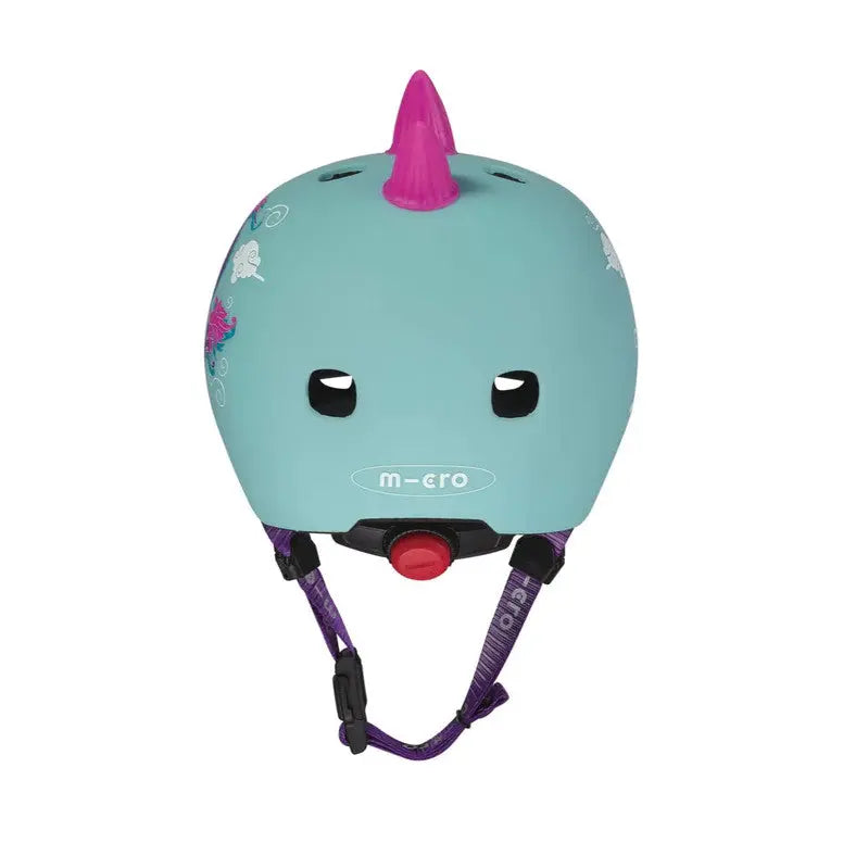 Micro Helmet V2 Dragon teal toddler helmet with pink horn and purple chin straps, front view.