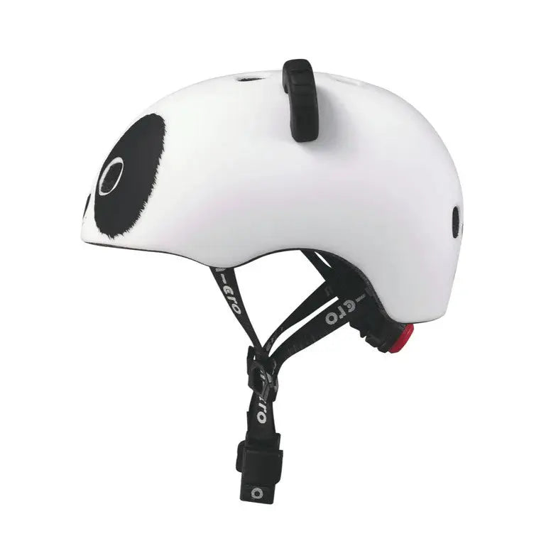 Micro Helmet V2 Panda white kids' helmet with black panda patches and adjustable chin straps