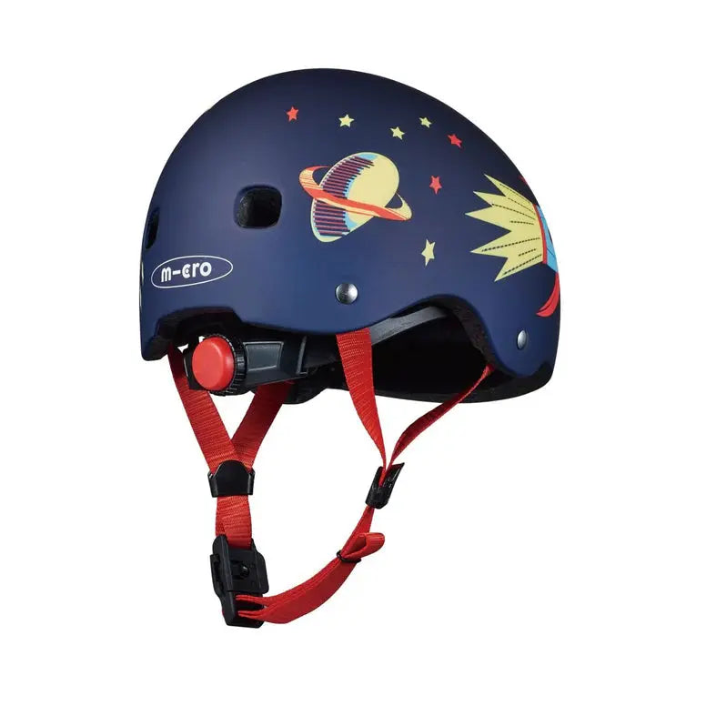 Micro Helmet V2 Rocket blue children's helmet with red adjustable chin straps, space graphics, MICRO logo.