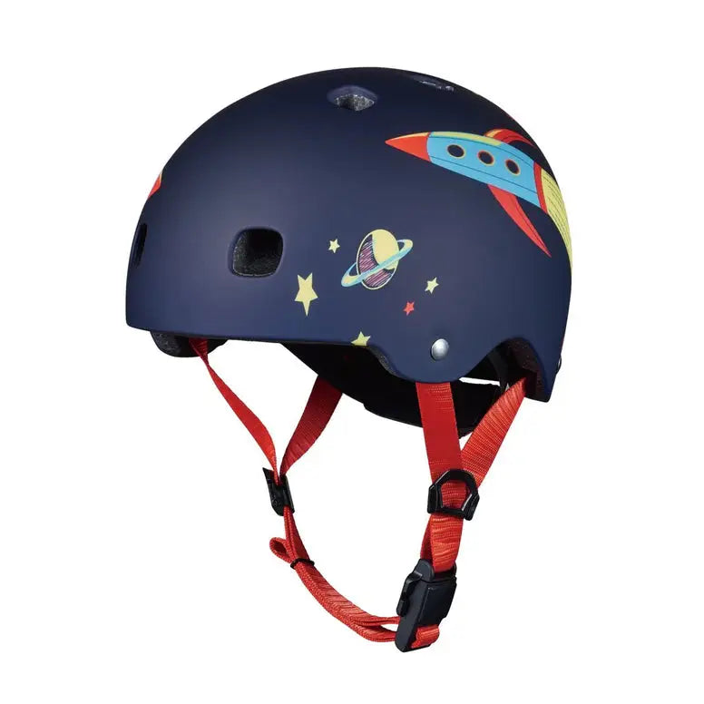 MICRO Helmet V2 Rocket navy blue kids helmet with rocket and planet graphics and red chin straps