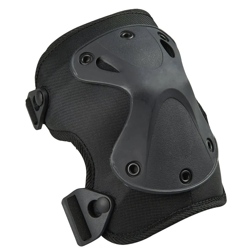 Micro Knee and Elbow Pad Set Black with hard plastic shells and adjustable straps securing protection during riding.