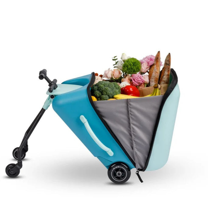 Micro Luggage Eazy Allrounder blue rolling suitcase cart loaded with groceries