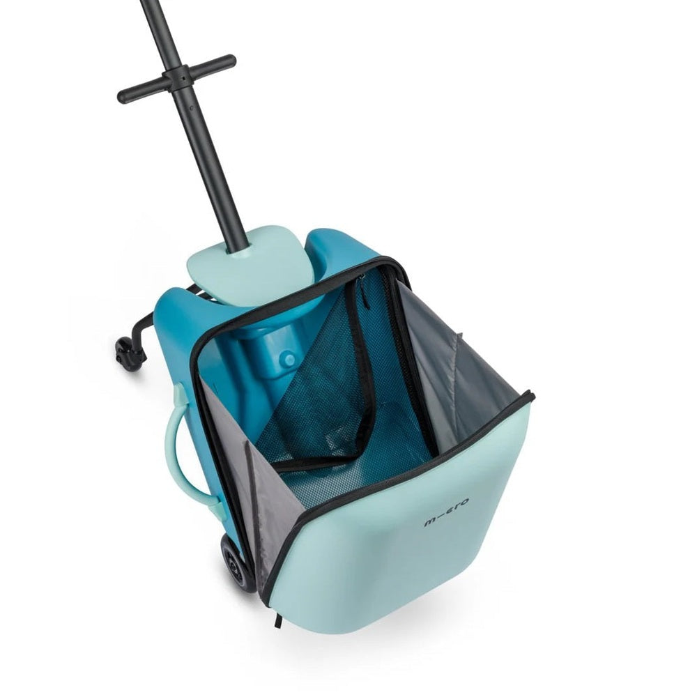 Micro Luggage Eazy Allrounder suitcase on wheels in teal blue with gray panels MICRO