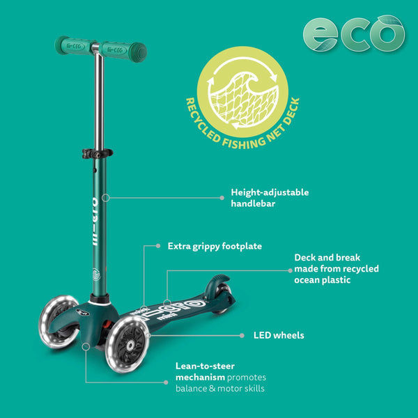 Micro Maxi Deluxe Eco Scooter Mint with adjustable handlebar and LED wheels on teal background.