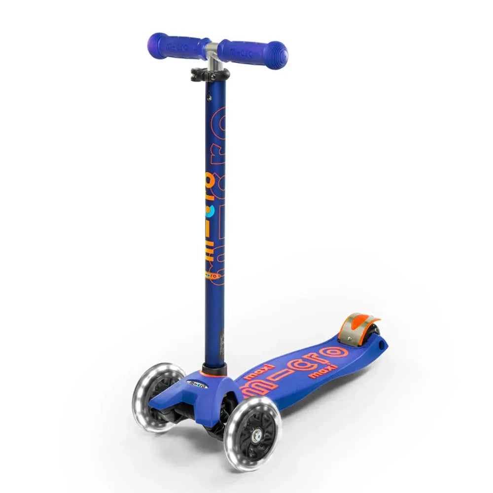 Micro Maxi Deluxe LED Scooter blue, three wheels and T-bar handlebars, ready to ride.