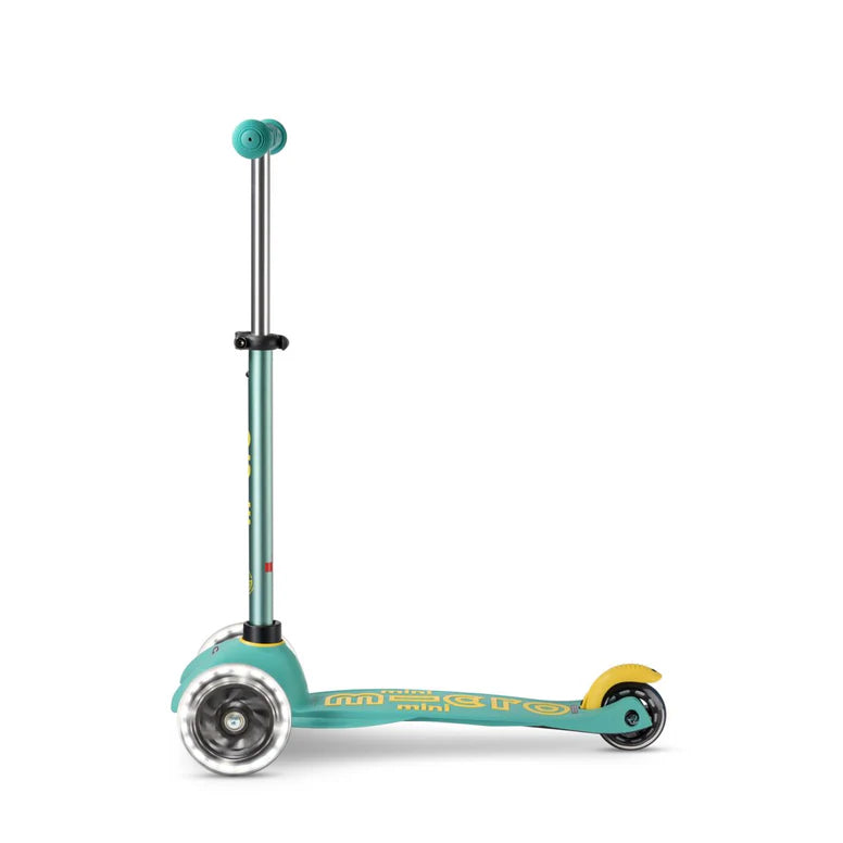 Micro Mini Deluxe Eco Scooter Green for kids with teal deck and large front wheel