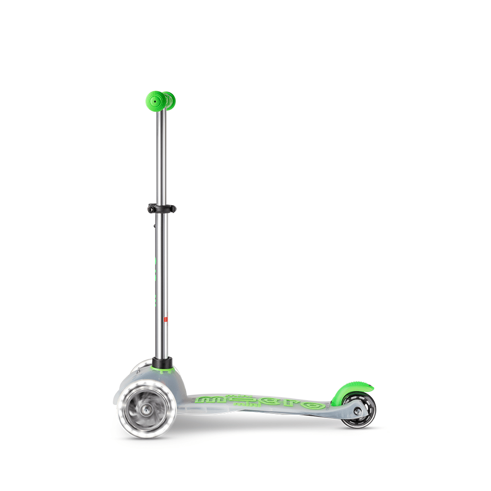 Micro Mini Deluxe Flux LED Scooter by MICRO; silver deck, bright green wheels, LED accents