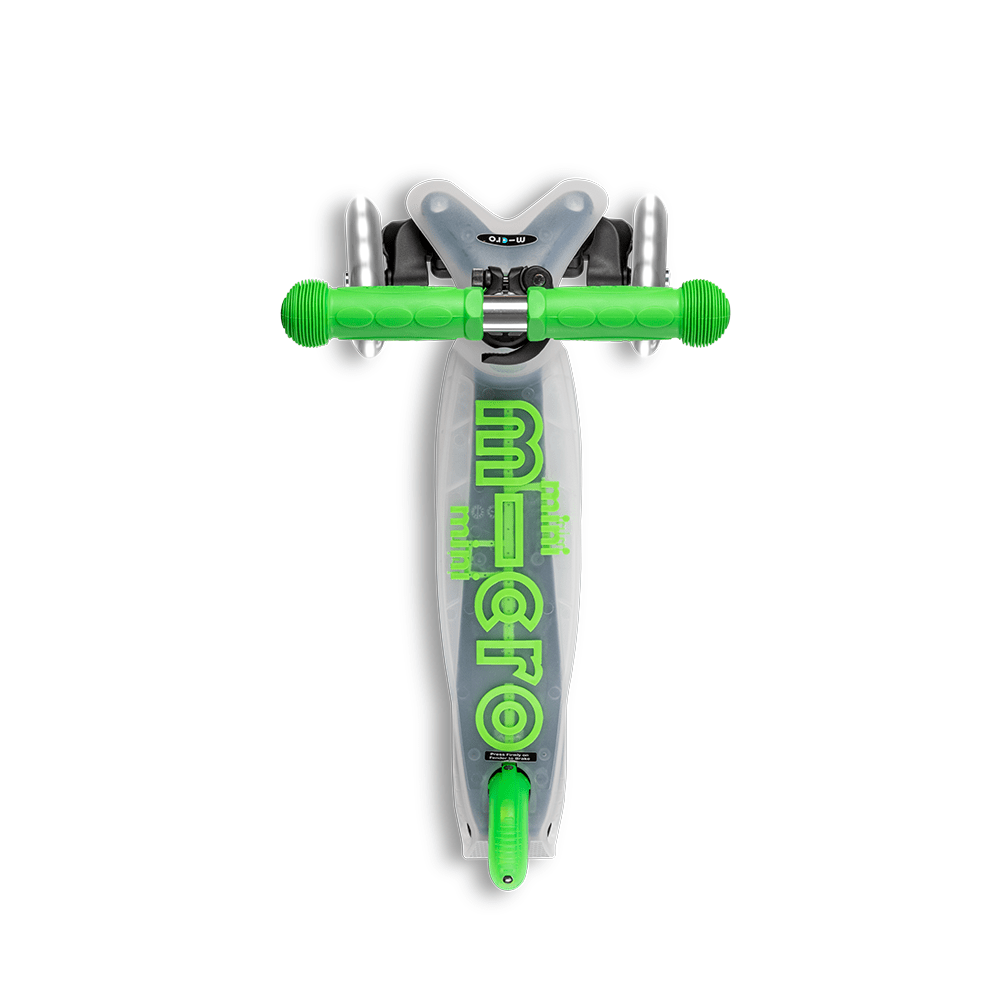 Micro Mini Deluxe Flux LED scooter with lime-green grips and translucent deck