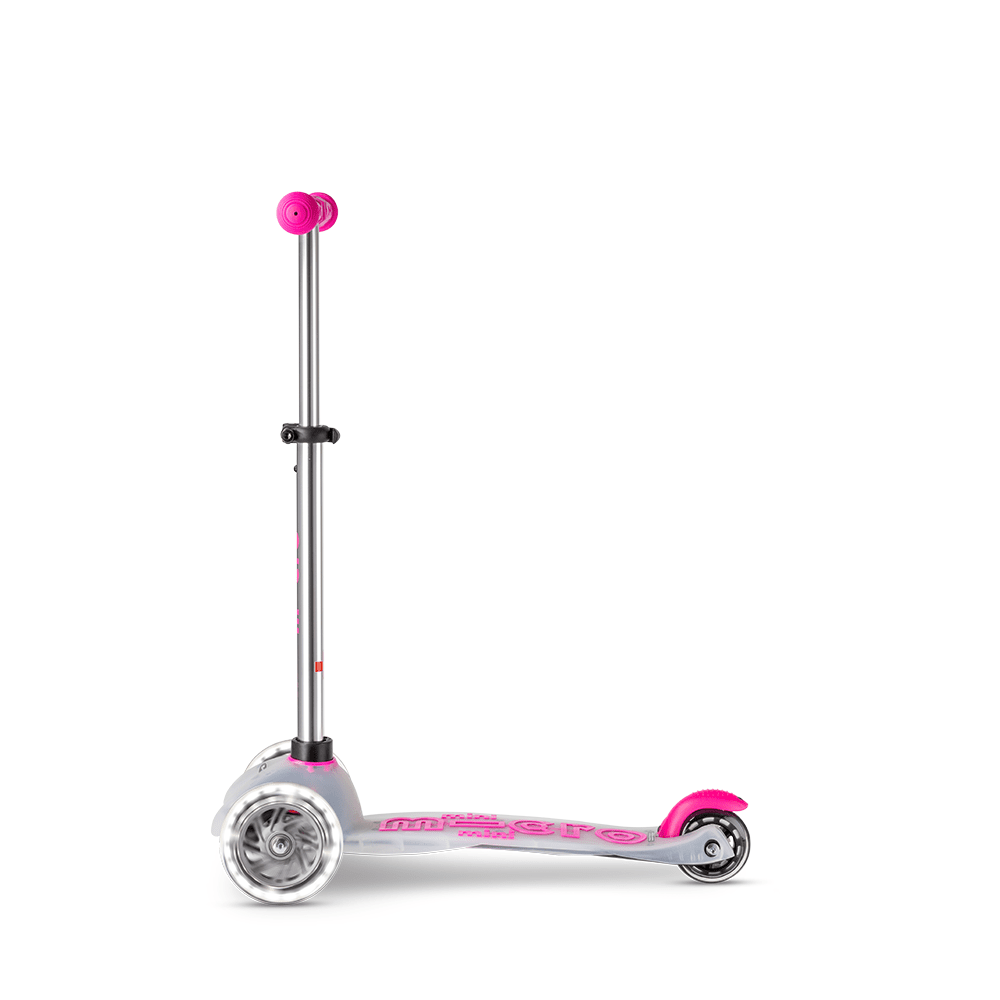 Micro Mini Deluxe Flux LED scooter for kids with pink accents and LED wheels