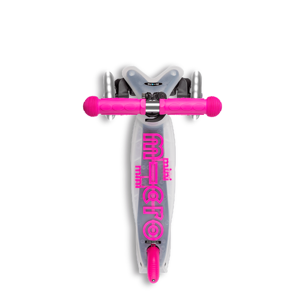Micro Mini Deluxe Flux LED Scooter pink and gray with bright pink grip handles by MICRO