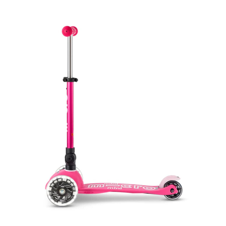 Micro Mini Deluxe Foldable LED Scooter, pink frame with adjustable handlebar and front LED wheel