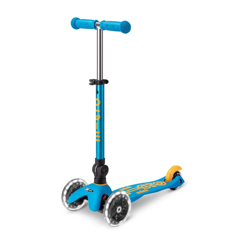 Micro Mini Deluxe Foldable LED Scooter, blue three-wheel kids scooter with foldable stem, ready to ride.