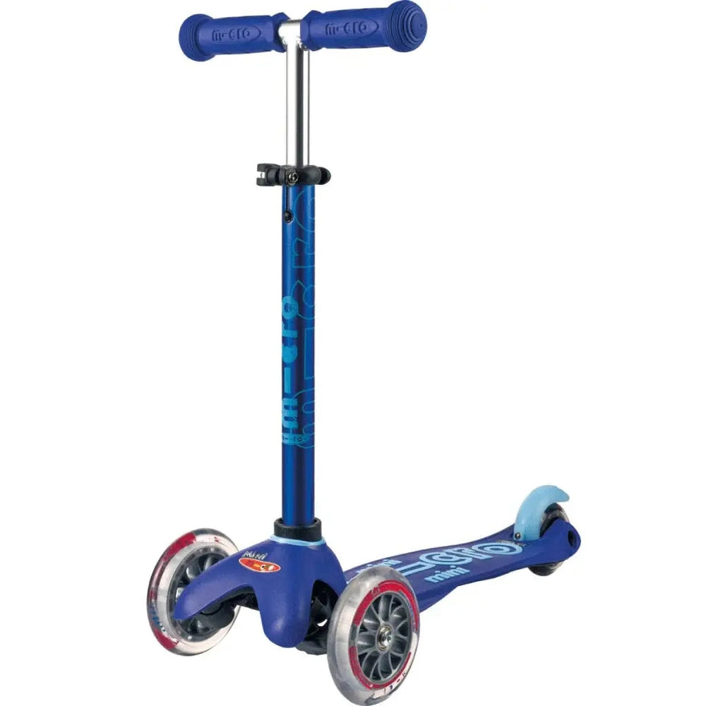 Micro Mini Deluxe Scooter, blue three-wheel ride-on with T-bar, MICRO kids scooter for stable steering