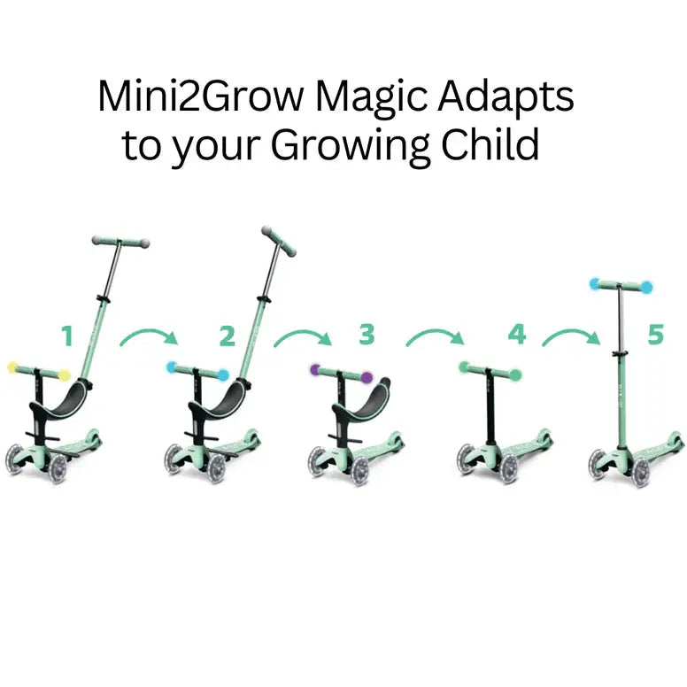 Micro Mini2Grow Deluxe LED Scooter in mint green shows five-stage growth with adjustable handlebars and colorful grips.
