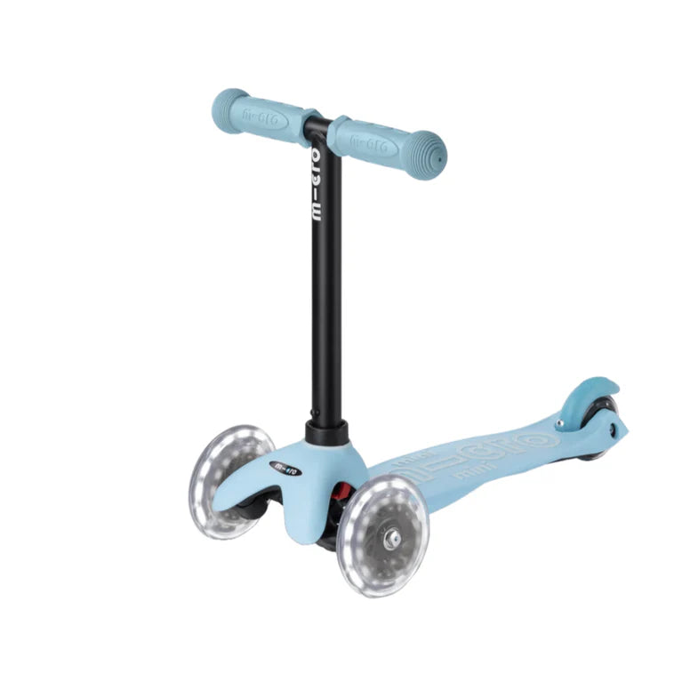 Micro Mini2Grow scooter, light blue three-wheel kids scooter with adjustable handlebar and deck
