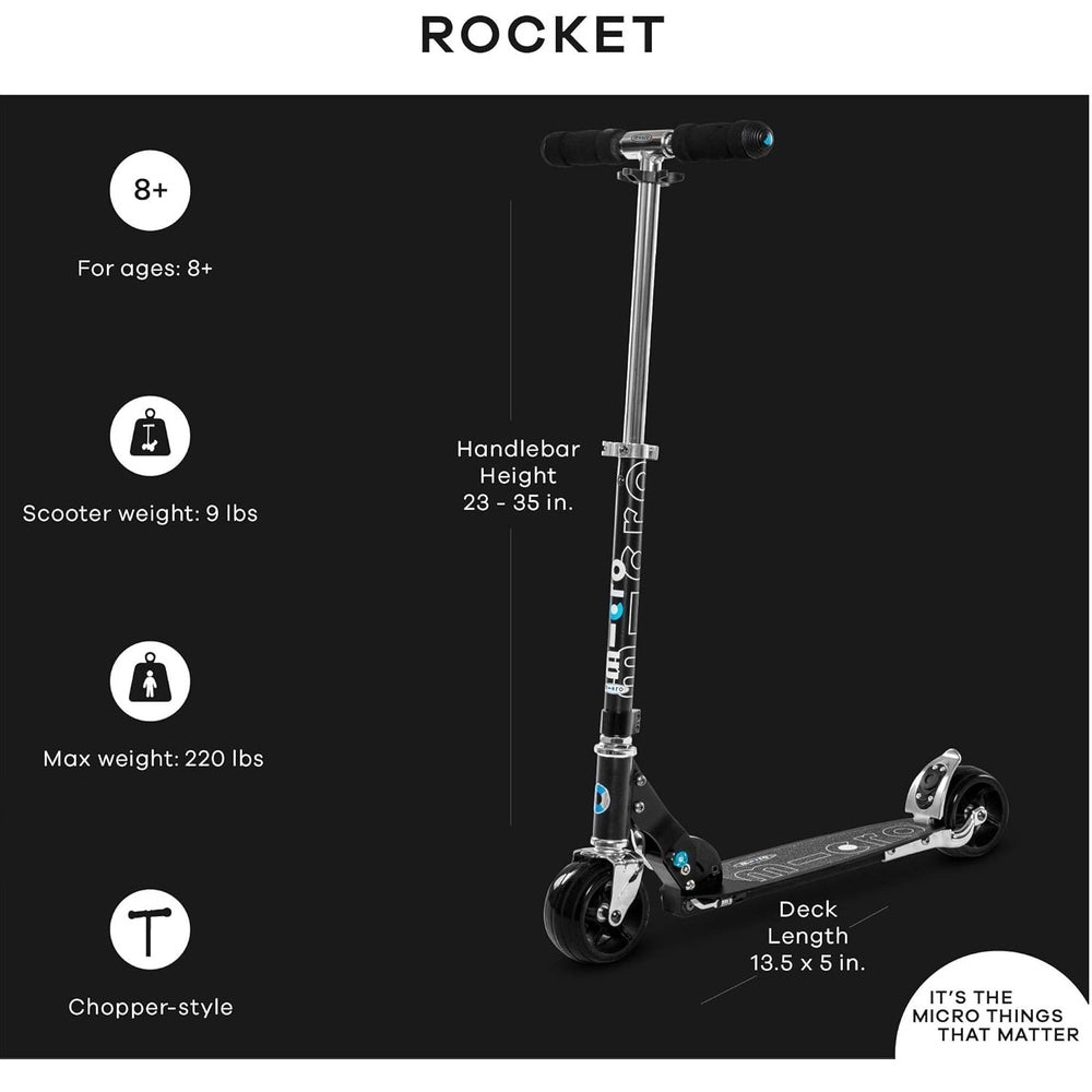 Micro Rocket scooter with black finish, extra-wide wheels, adjustable 23-35 in handlebar, deck 13.55 in, 220 lb max load