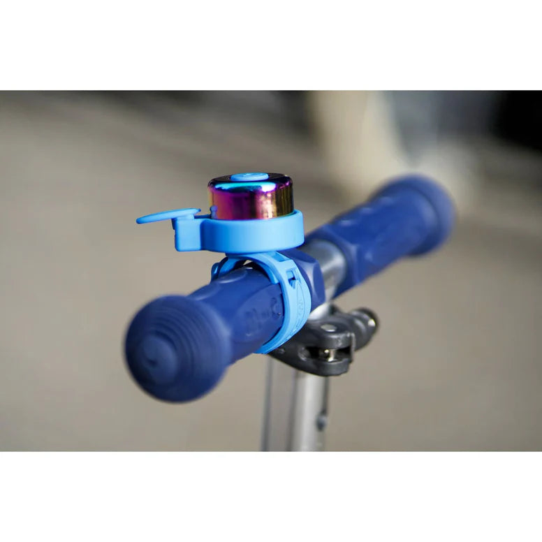 Micro Scooter Bell on blue handlebar grip of a kid's scooter
