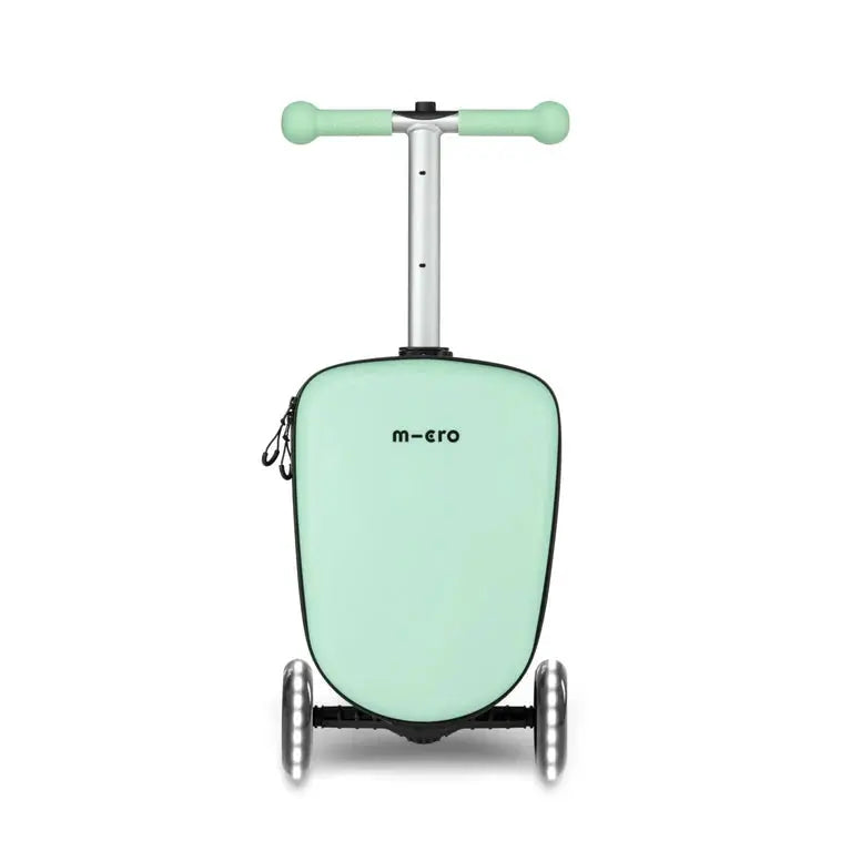 Micro Scooter Junior Luggage Mint suitcase on a 3-wheel platform with mint handle grips and MICRO branding.
