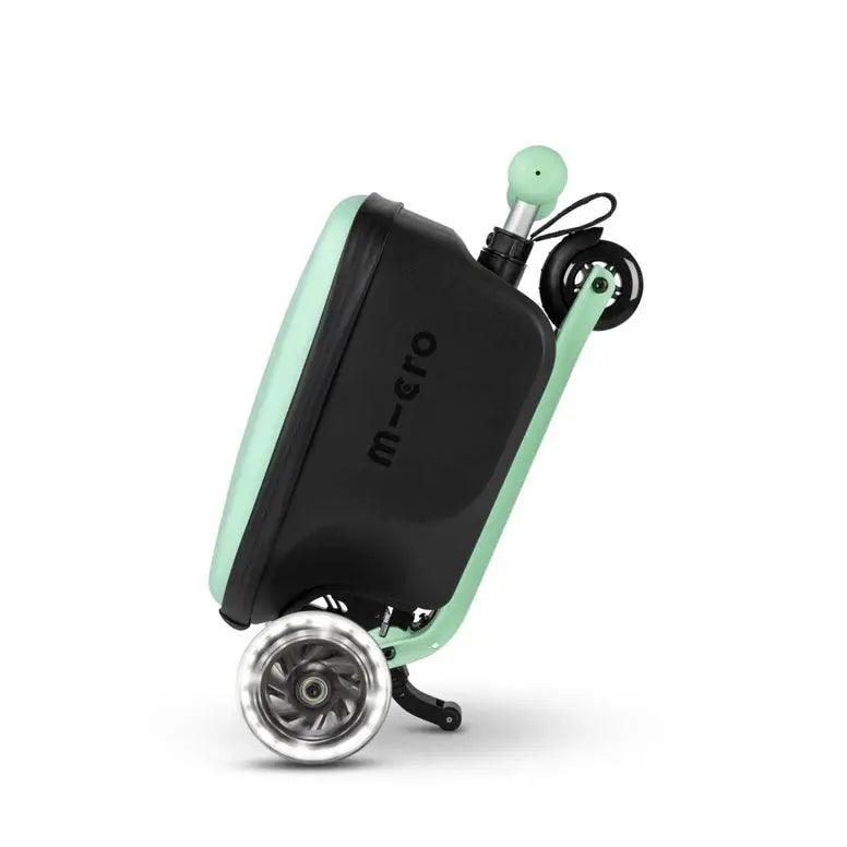 Micro Scooter Junior Luggage Mint suitcase on wheels, mint-green frame with scooter-style handle, ready for travel