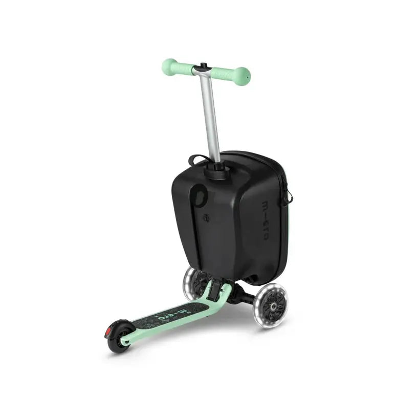 Micro Scooter Junior Luggage Mint suitcase with mint scooter deck, extendable handle, and wheels