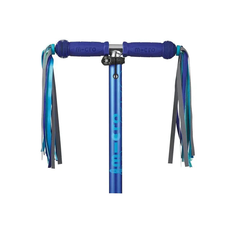 Micro Scooter Streamers blue handlebar with teal and gray ribbon streamers fluttering from ends
