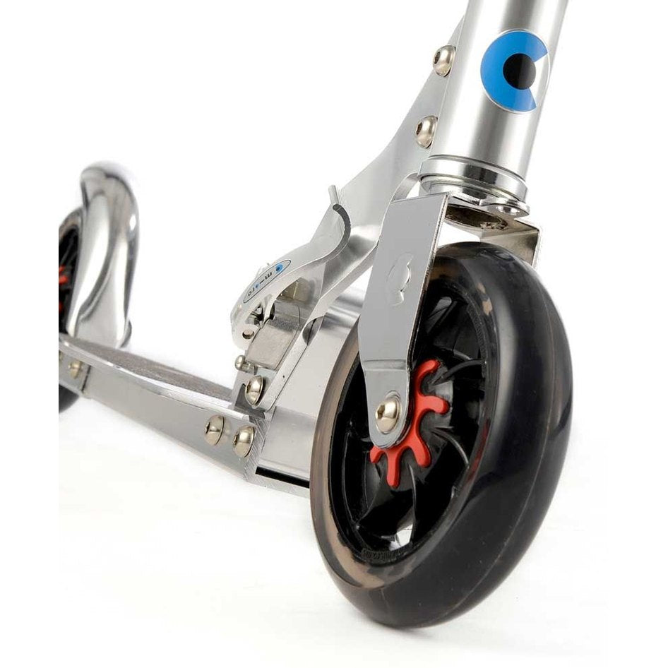 Micro Speed Scooter Pure Silver; silver frame, black front wheel with red hub, MICRO brand