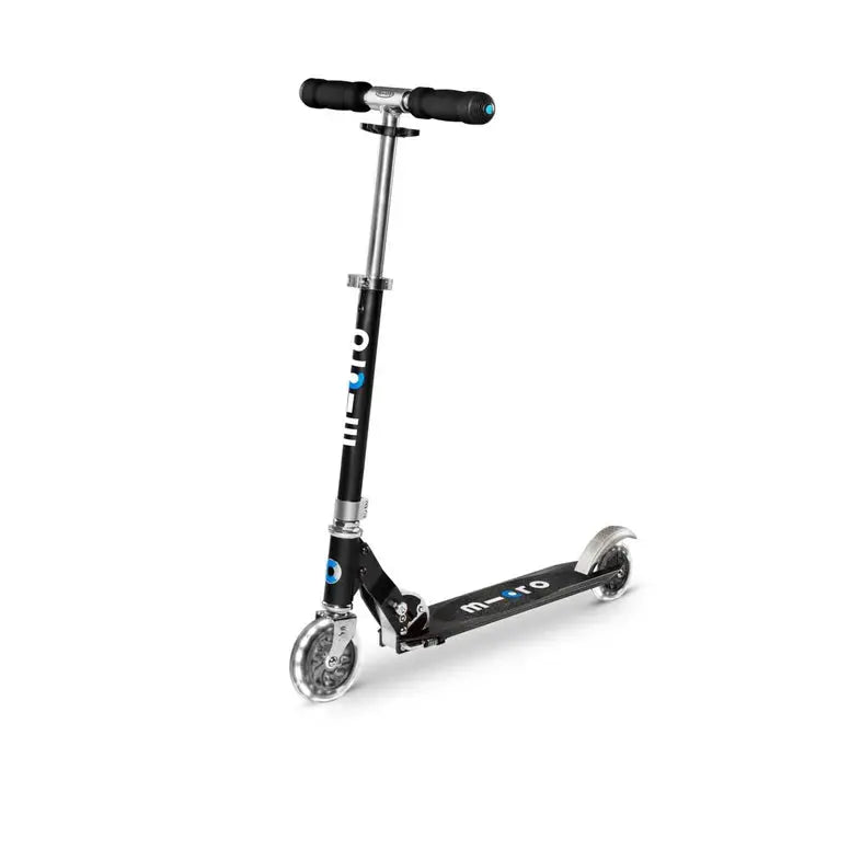 Micro Sprite LED Scooter with black deck and blue accents, extended telescoping handlebar.