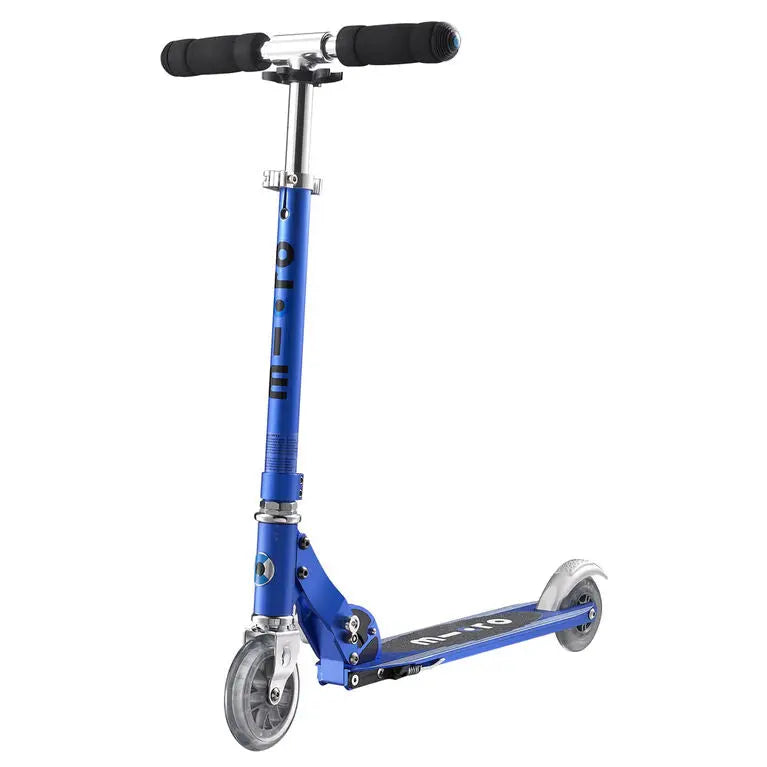 Micro Sprite Scooter blue aluminum-frame kids' kick scooter with silver wheels, shown upright with adjustable handlebars.