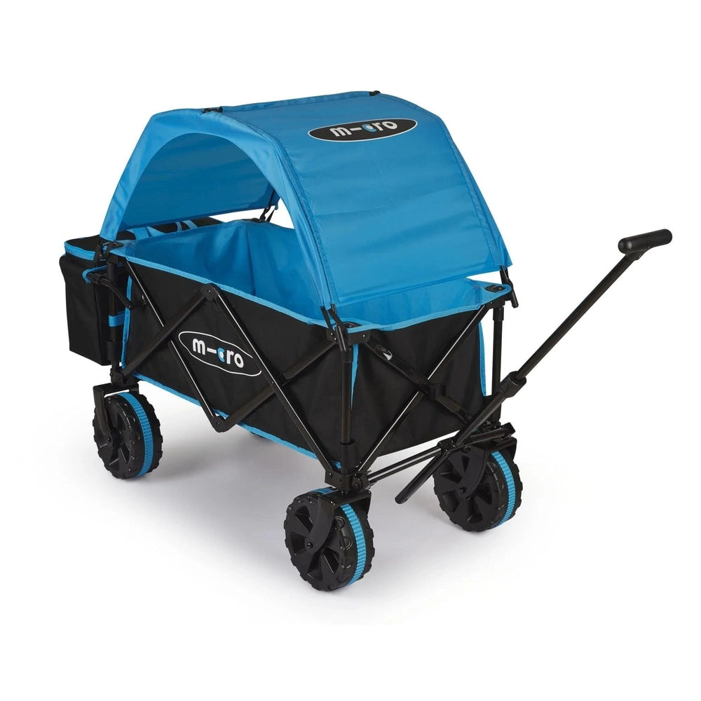 Micro Wagon Deluxe Pro wagon with blue canopy, black frame, large off-road wheels